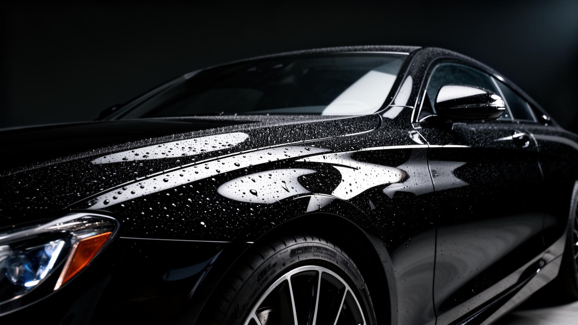 Glossy black car with water beads after professional detailing