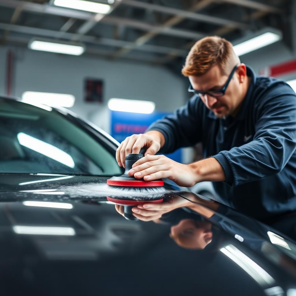 Detailer machine polishing car hood